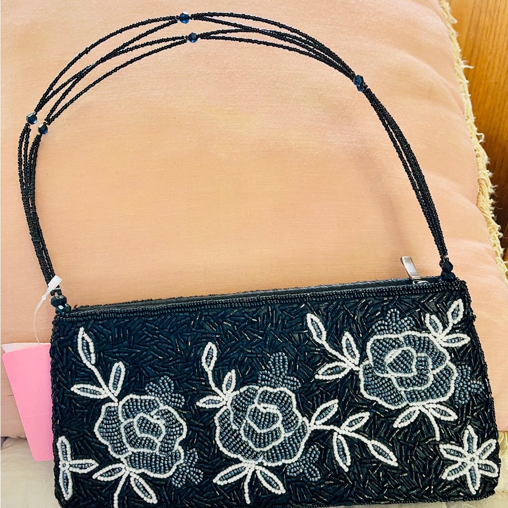 Elegant Black Beaded Floral Handbag with hand beaded glass beads-brand new